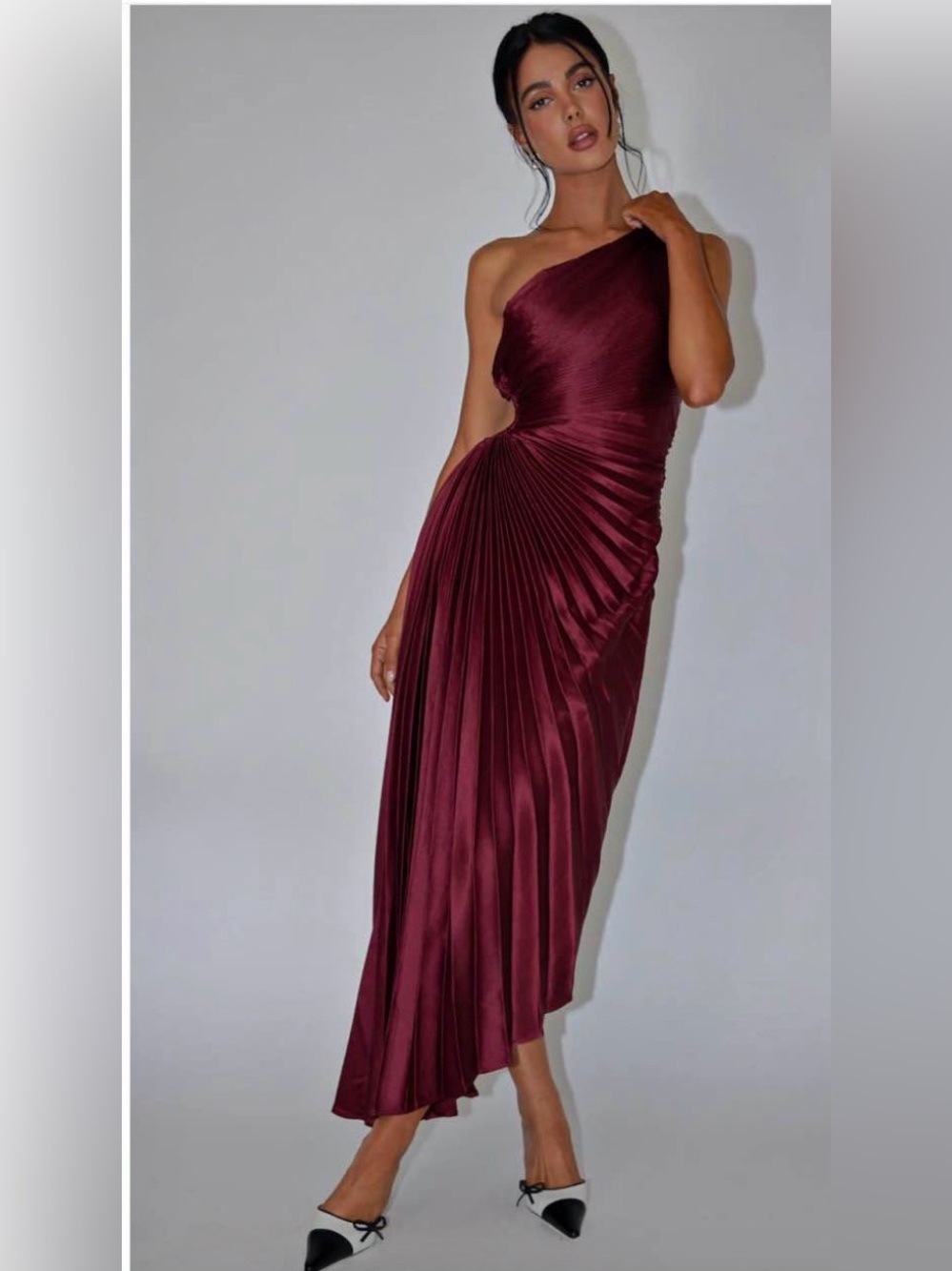 Selfie Leslie Burgundy Wine Brooklynn Accordion Pleat Asymmetrical Midi Dress